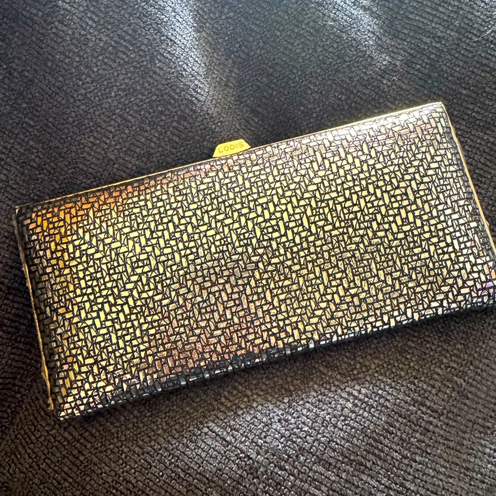 RARE Lodis Andra Diva Large Framed Clutch Wallet Black & Gold Metallic